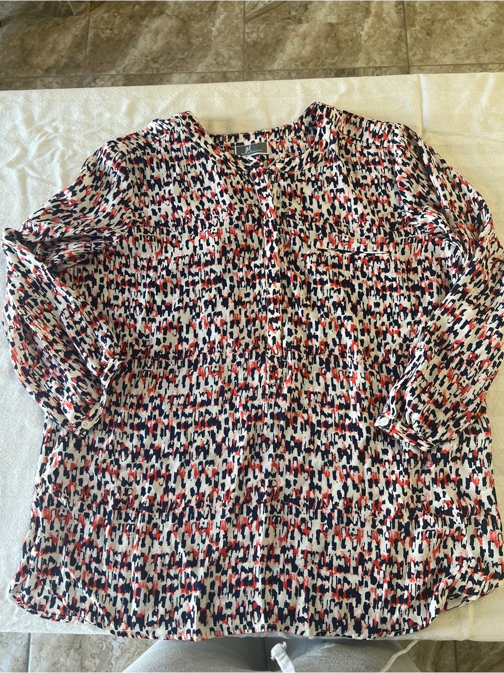 JM Collection White Blouse with Red & Navy Abstract Print